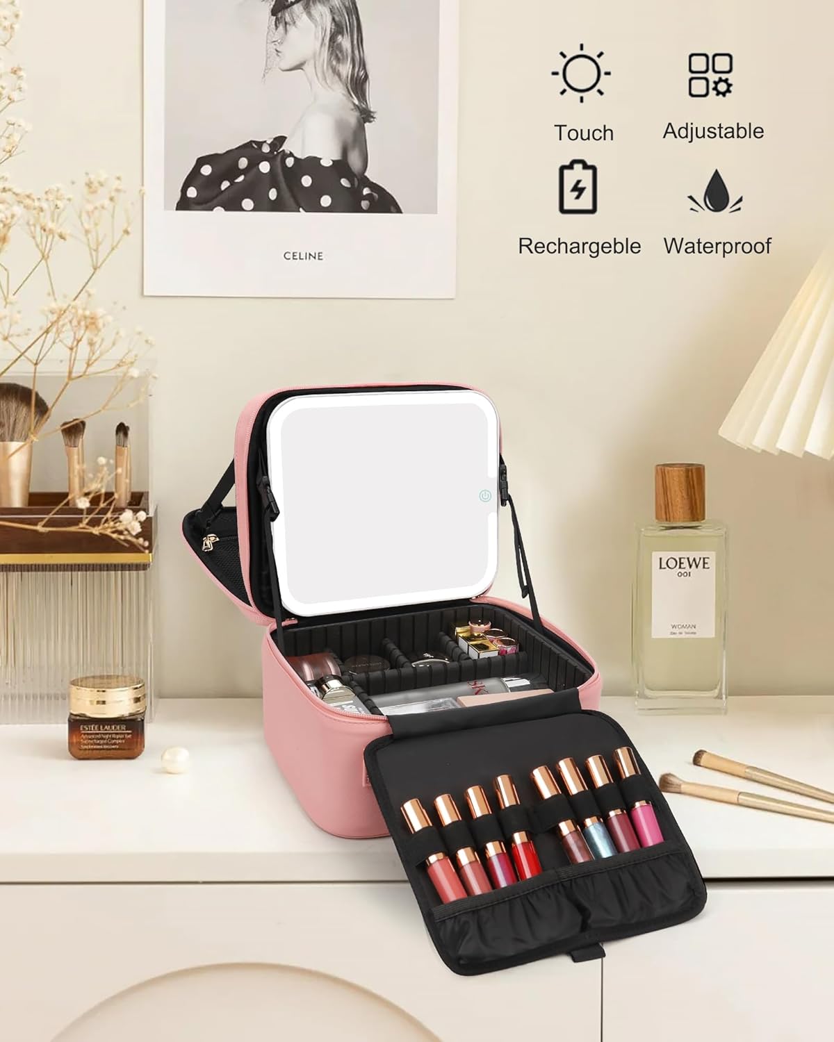 Relavel Makeup Bag with LED Mirror, Travel Makeup Case with Rechargeable Lighted Mirror 3 Color Lights, Dual Layer Cosmetic Box Makeup Brush Lipstick Holder Organizer for Women, Leather Pink