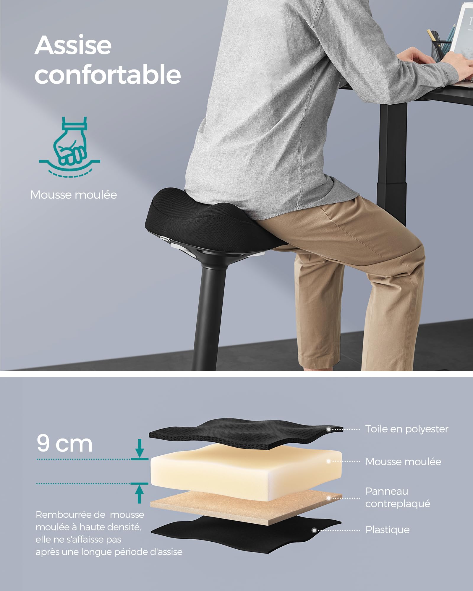 SONGMICS Tabouret Dynamique Assis-Debout, Siège Bascule 360°, Hauteur Réglable 58-83 cm, Large Socle, Noir