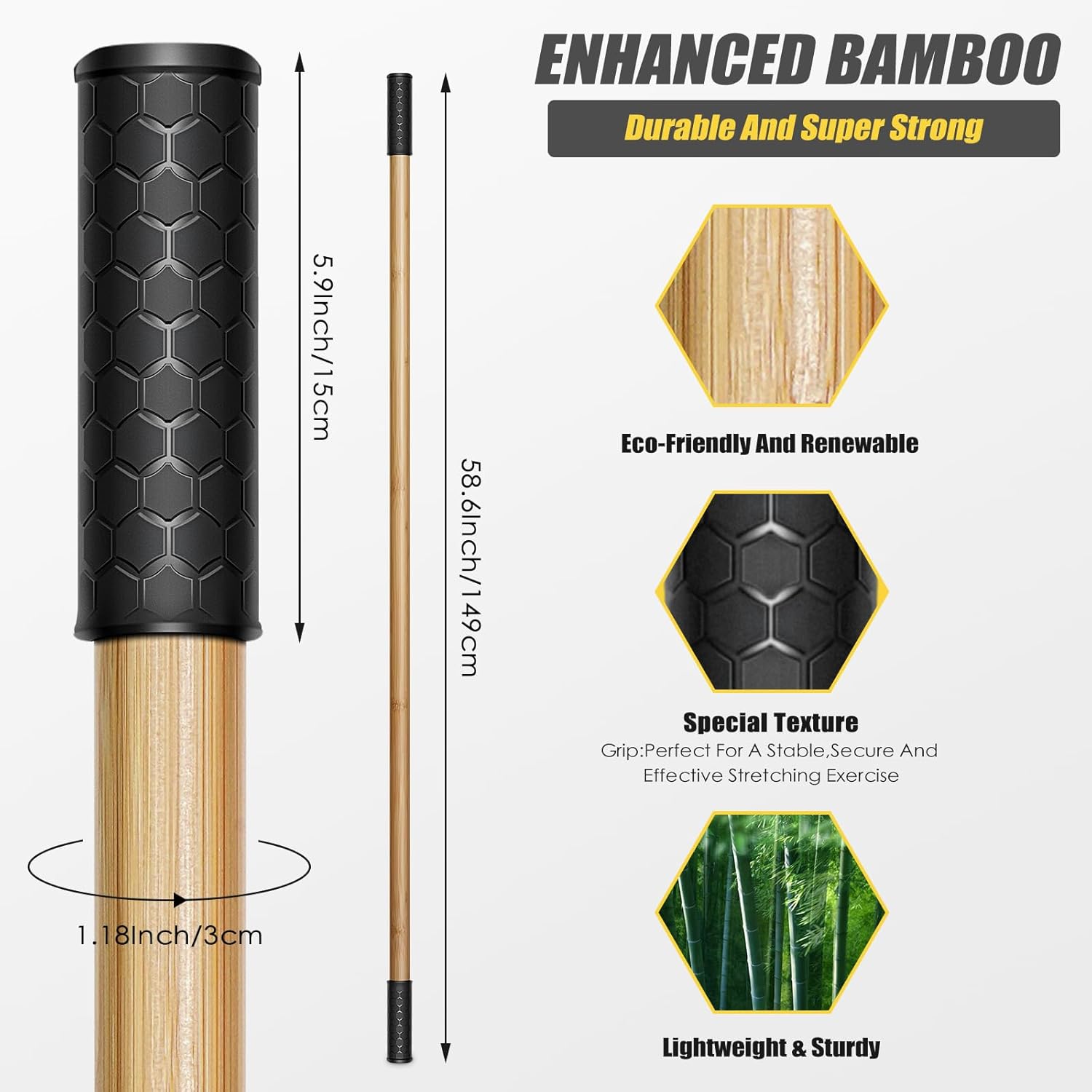 bamboo stretch yoga stick, 5ft/149 cm, flexibility stick for physical therapy, premium yoga dowel with super sturdy rubber handle ends, exercise bar for posture corrector bamboo-texture