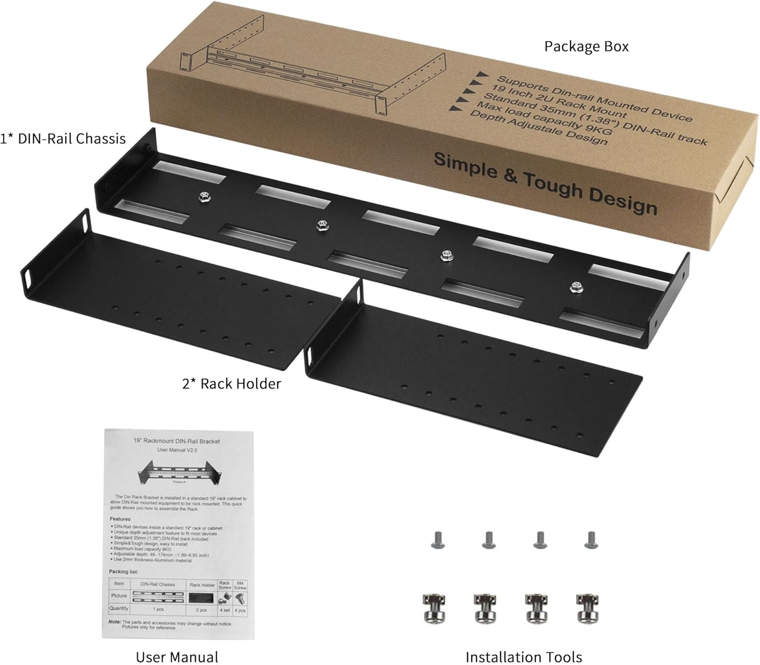 19 inch Width Rack Mount Din Rail Kit Height Adjustable Rackmount Rail Shelf Max Load Capacity 33LBS Aluminum Alloy High Strength for Hardware Components Mounting Switch