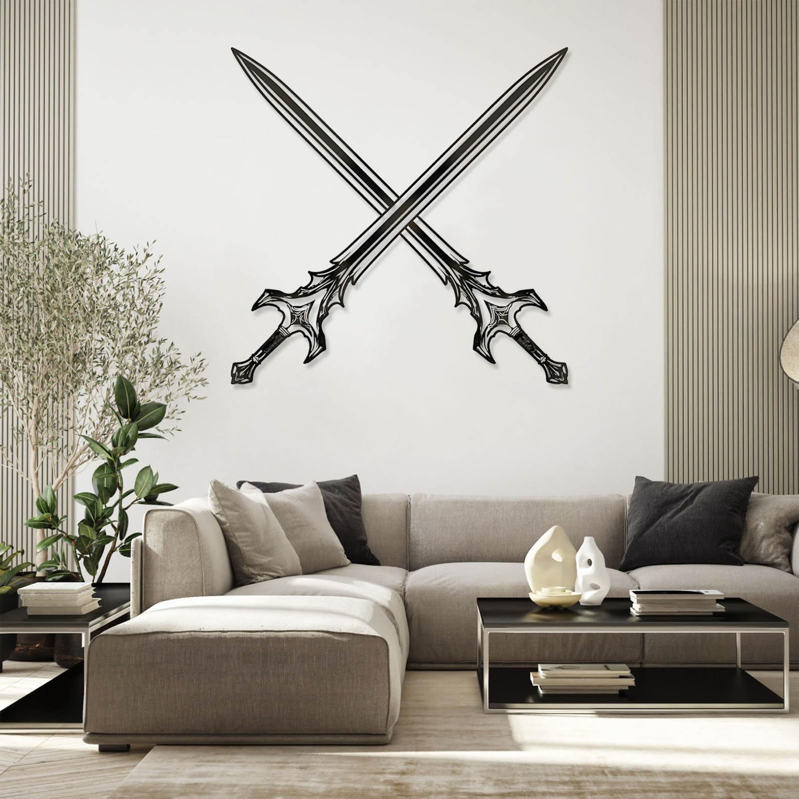 Decorazione murale in Metallo Nero a Forma di Spada con Croce, Armatura Medievale da Cavaliere, Scultura Moderna per Soggiorno, corridoio e Scale (Bianca, 99 cm di Lunghezza x 99 cm di largh