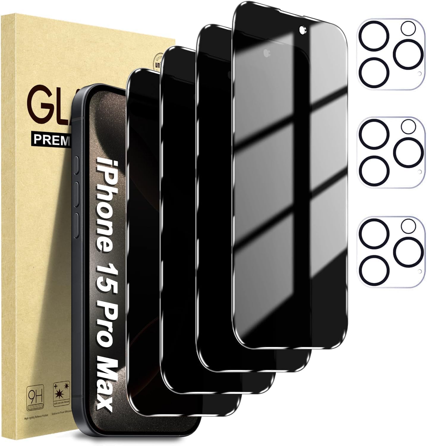 6-in-1 Privacy Screen Protector for iPhone 15 Pro Max, with 3 Pack Camera Lens Protector, 28 Ant-SpyTempered Glass, 9H Hardness, Support Face ID, Case Friendly, Bubble Free & Easy Install
