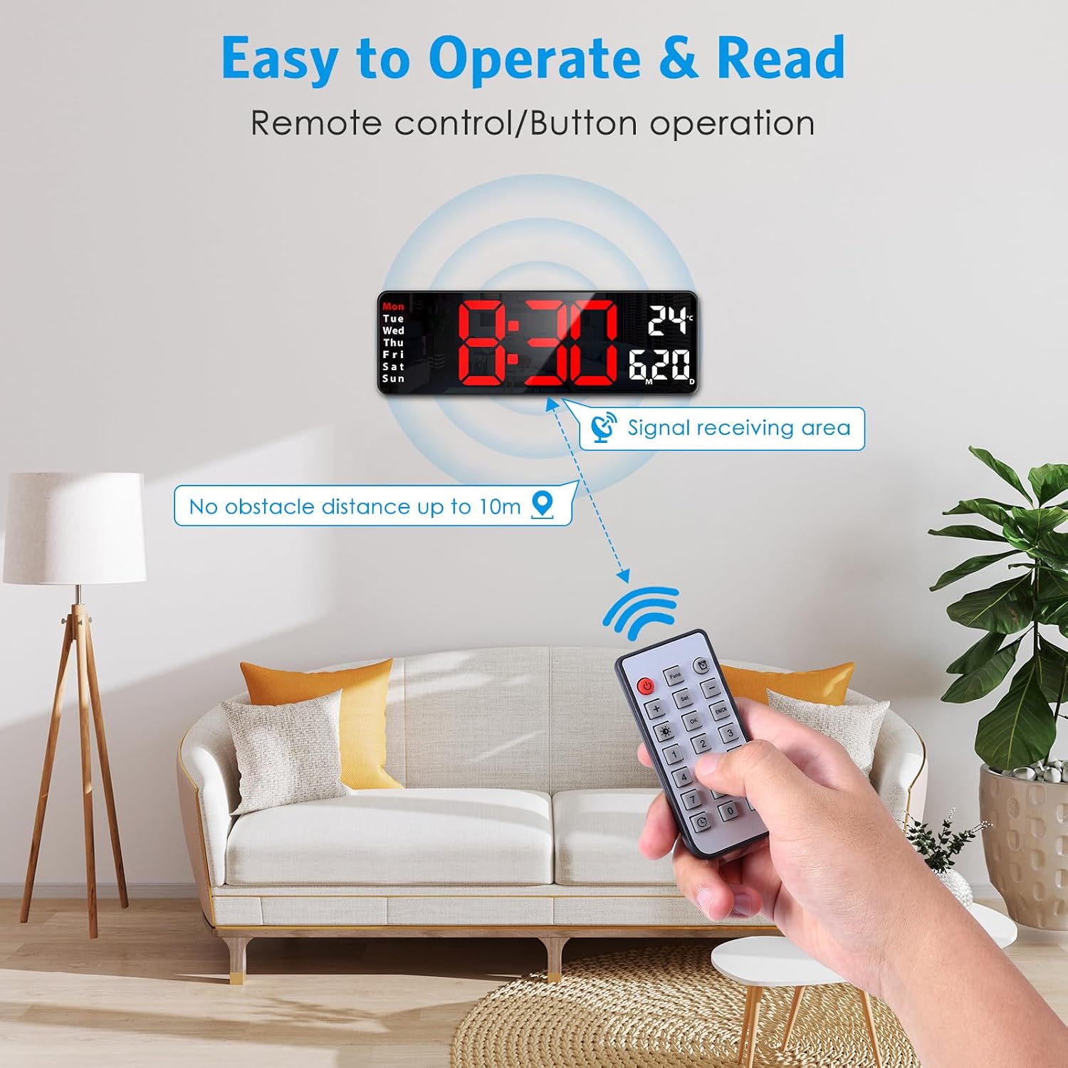 Person using remote control to operate the AMIR Digital Clock