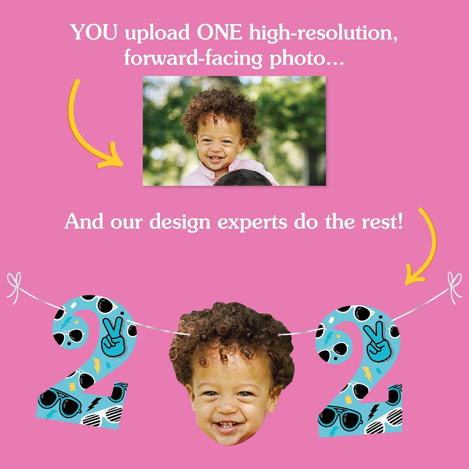 Big Dot of Happiness Custom Two Cool Boy Face Cut Out Garland Banner, Personalized Blue 2nd Birthday Party Decor, 30 Feet of Cord, 5 Photo Face Cutouts, 5 Number 2 Shapes