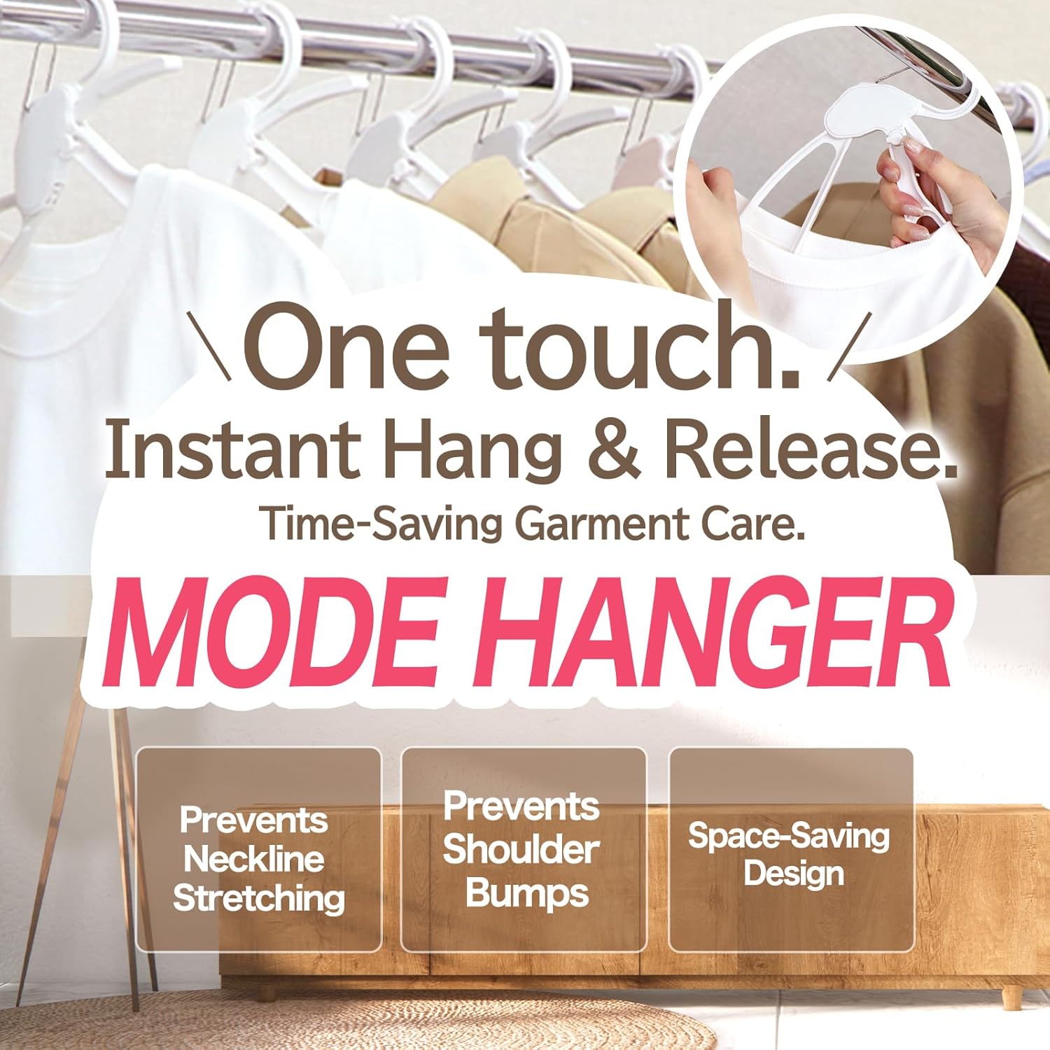 One-Touch Quick-Release Hangers - Time-Saving, Garment Care (Neckline Protection, Stretch-Resistant, Prevents Shoulder Bumps), Space-Saving Stackable Design (10, Beige/White)