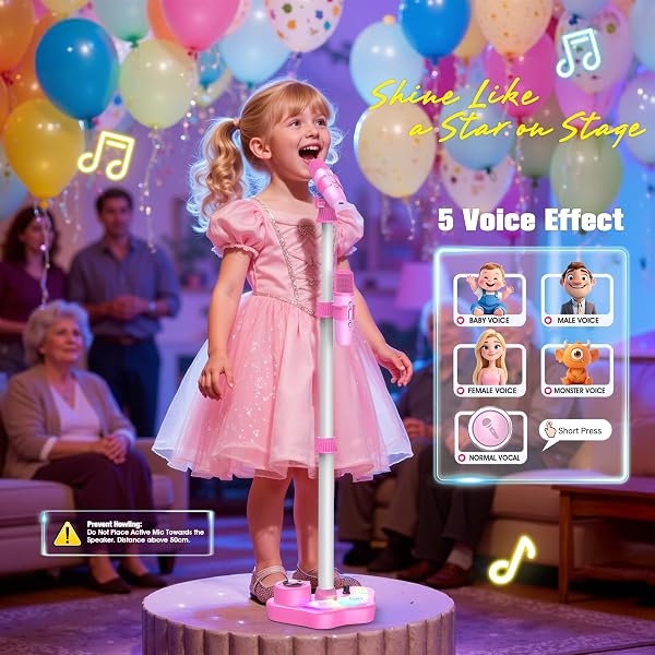 Dislocati Microphone pour Enfants avec Support, Micro Karaoke Enfant avec Support et Lumière, Cadeau Anniversaire Fille 3-12 Ans, Micros Enfant avec Lumières Multicolores, Bluetooth/TF/USB (Rose) - 4