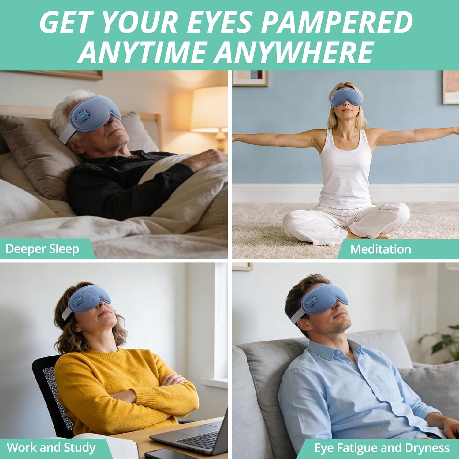 VINTEAM Cordless Heated Eye Mask – 3D Design with Adjustable Heat & Timer Settings, Comfortable & Lightweight, Perfect for Eye Fatigue Relief, Men & Women -Blue