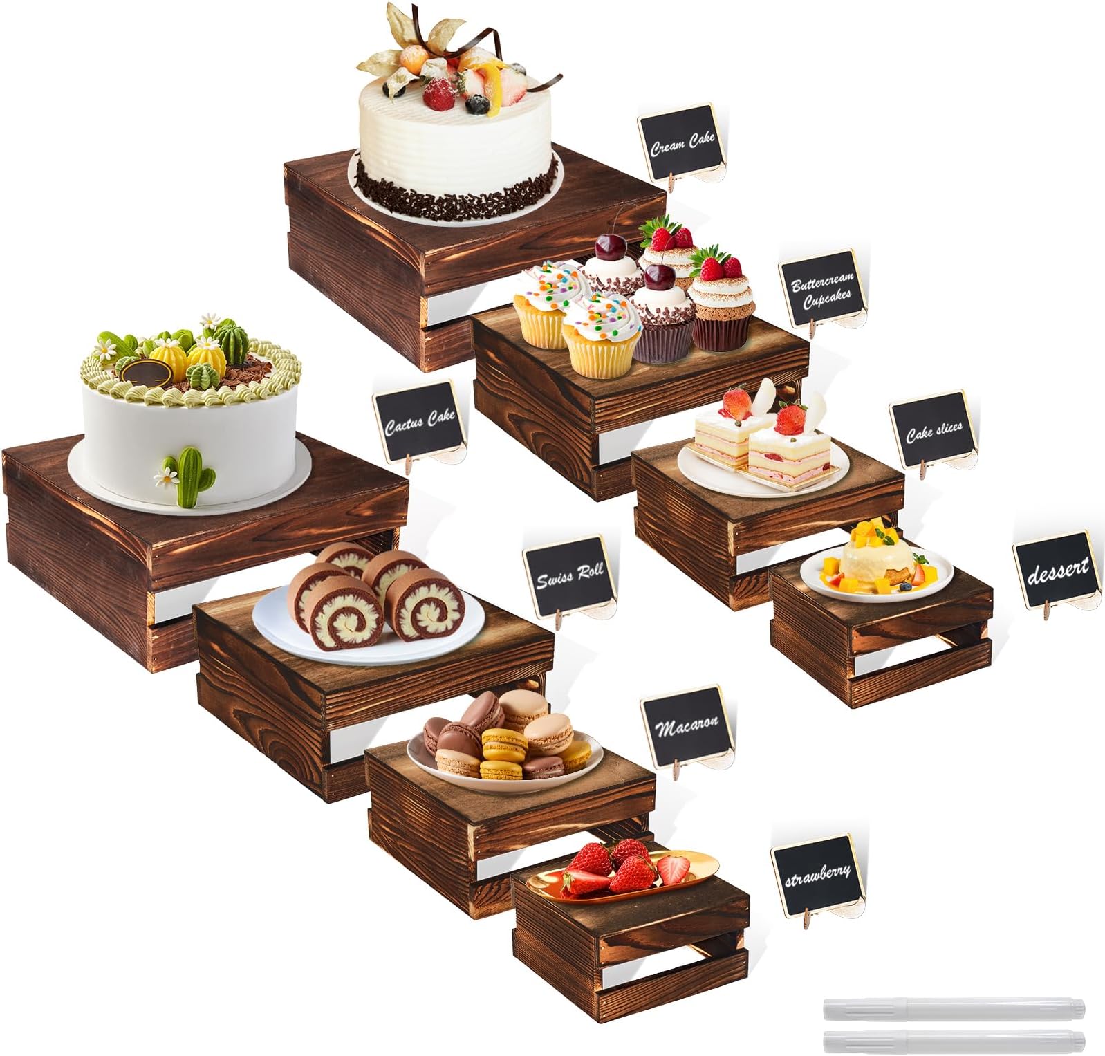Amazon.com: 8 Pcs Buffet Risers with Mini Signs, Rustic Wood Cake ...