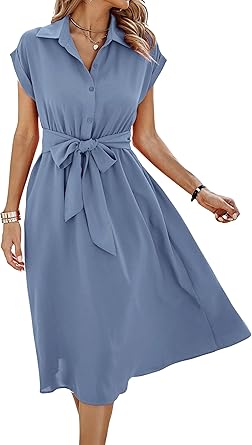 ECOWISH Womens Casual Midi Dresses Solid V Neck Short Sleeve Button Shirt Belted Dress with Pockets for Spring Summer 2026