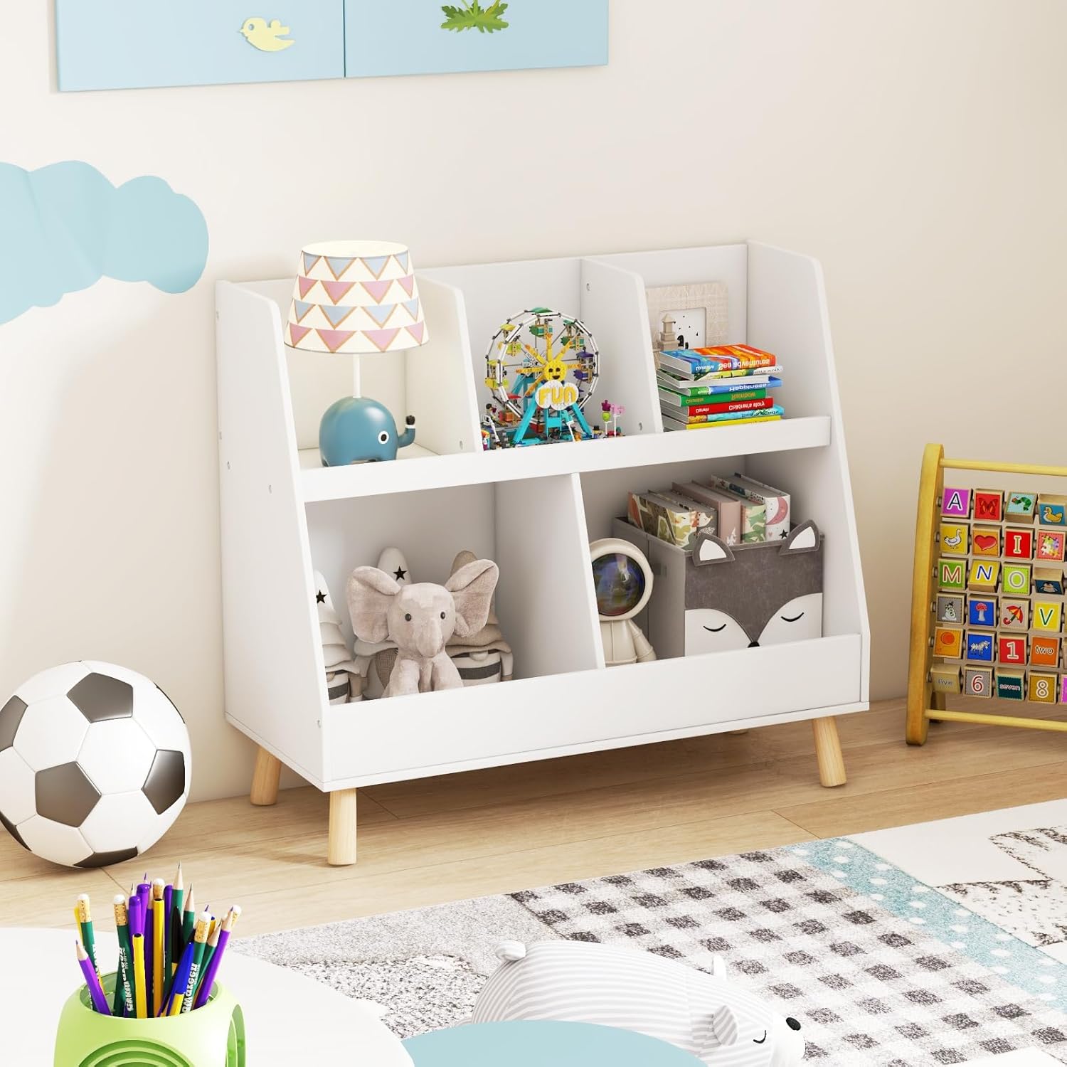 HONEY JOY Toy Storage Organizer with Bookcase, 5-Cubby Children Toy Storage Cabinet, 2-Tier Open Book Display Organizer w/Legs, Free Standing Bookshelf for Playroom, Bedroom, Nursery (White)