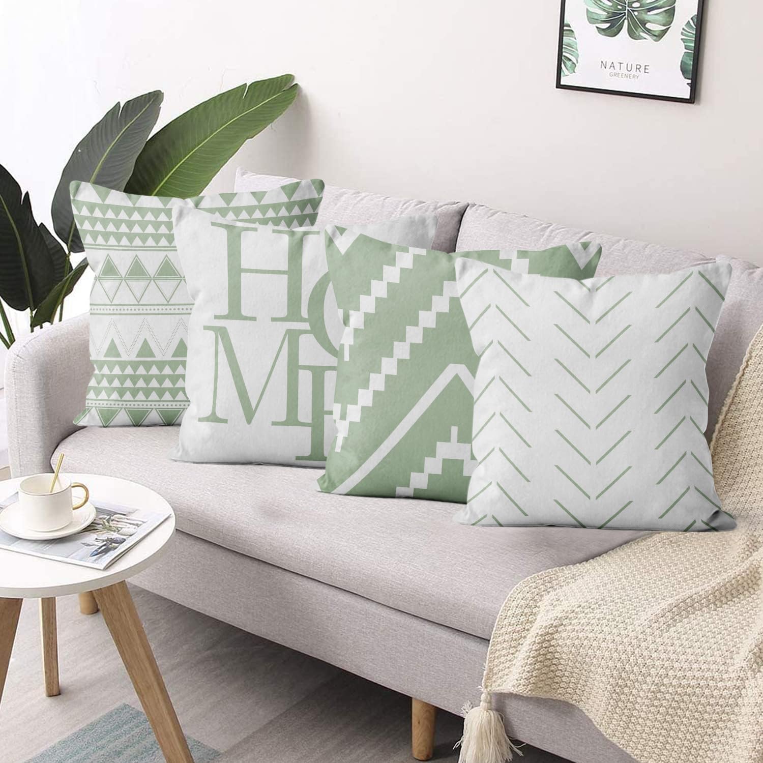 Verde Fundas de Cojín 40x40 Juego de 4, Moderno Geometría Verde Blanco Cuadrado Sofá Decorativo Cojín de Almohada, Masía Rústica Lavable Poliéster Textil Exterior Jardín Funda de Almohada