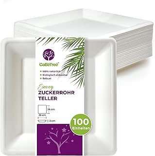 GoBeTree 100 quadratische Weiße Teller aus Zuckerrohr 26 cm, Extra Haltbare Einweg-Papierteller, für Camping, Picknicks, Partys, Grillpartys, Geburtstage