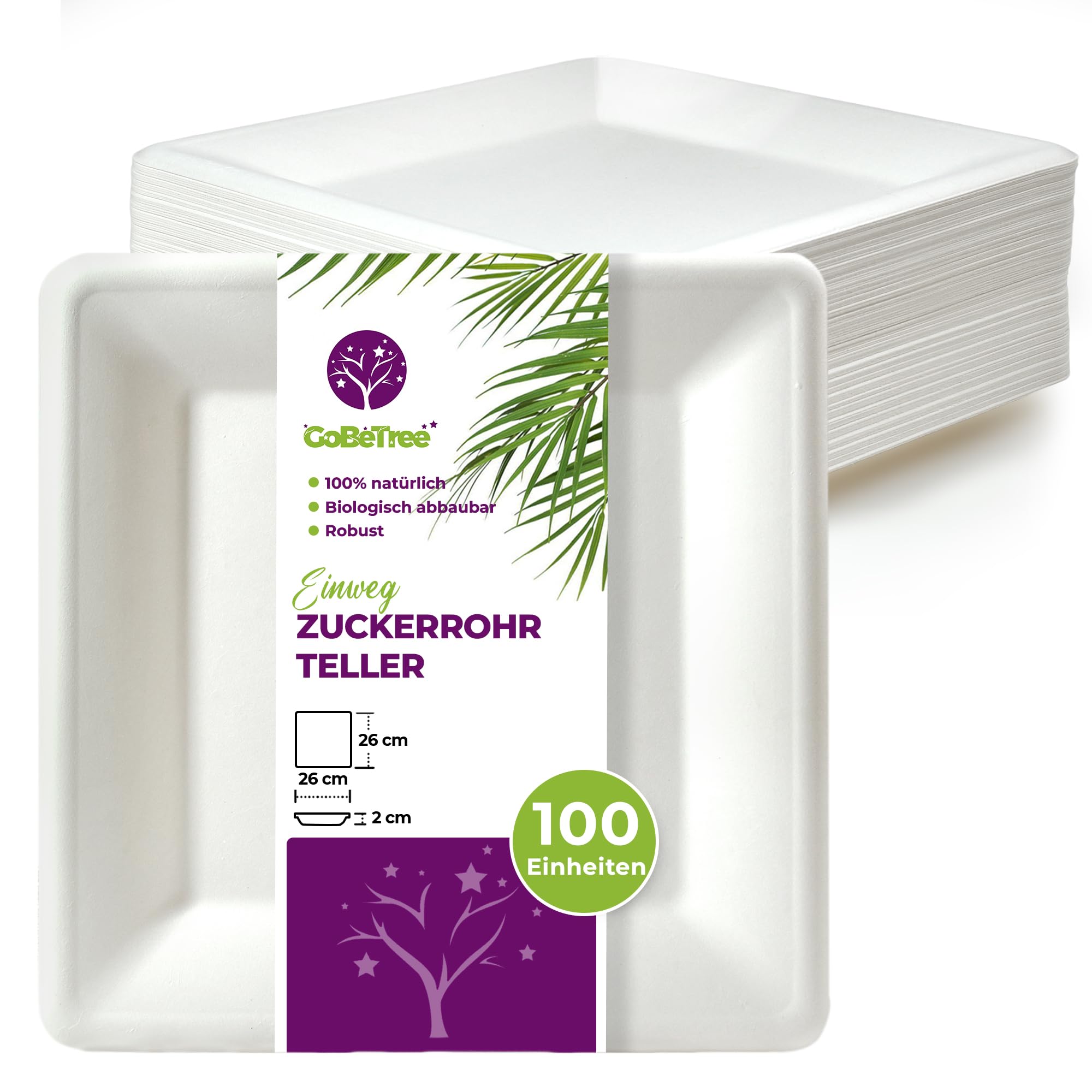GoBeTree 100 quadratische Weiße Teller aus Zuckerrohr 26 cm, Extra Haltbare Einweg-Papierteller, für Camping, Picknicks, Partys, Grillpartys, Geburtstage