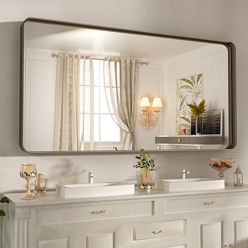 60x36 Inch Bronze Bathroom Mirror for Vanity, Brushed Bronze Metal Frame Mirror for Wall, Rounded Rectangle Bronze Frame Mirror with Tempered Glass, Anti-Rust (Horizontal/Vertical)