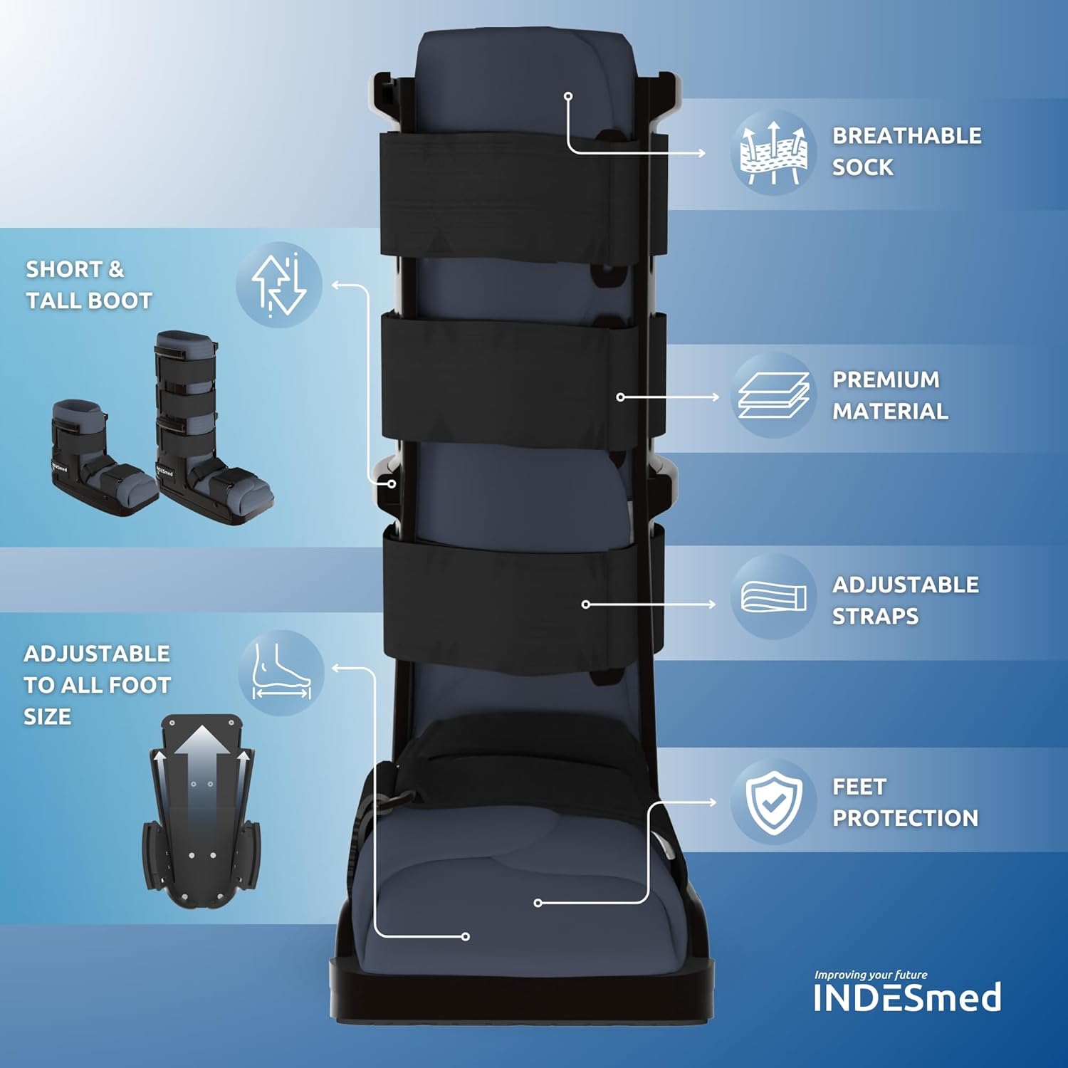INDESMED CAM Boot V2 | Patented 2-in-1 Adjustable Walking Boot (Short & Tall) for Fractures, Sprains & Post-Operative Recovery - Size 6.5 to 12 - Men and Women