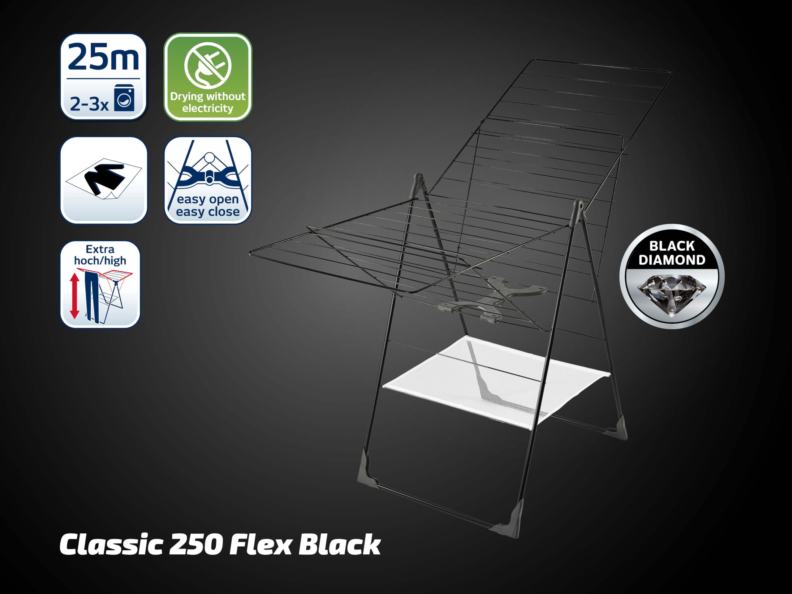 Leifheit Standtrockner Classic 250 Flex Black, Wäschetrockner mit 25m Trockenlänge, für drinnen und draußen geeignet, Wäscheständer mit höhenverstellbaren Flügeln, für 2-3 Waschmaschinenfüllungen - Image 2
