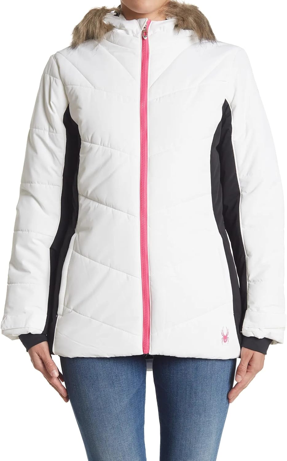 Spyder Women's Wren Faux Fur Hooded Full Zip Jacket, White Small