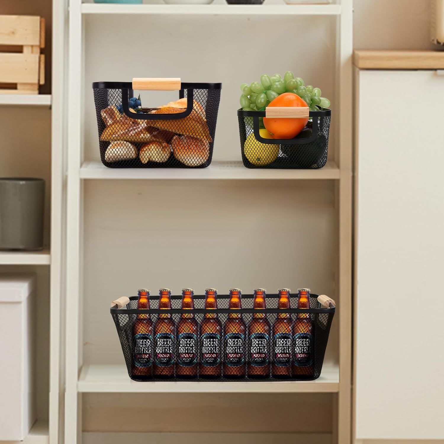 Wire Basket, 3 Pack Metal Mesh Pantry Basket with Wooden Handle for Organizing, 3 Sizes Black Wire Steel Bins Pantry Organizers and Storage, Kitchen Fruit Containers for Shelves Cabinets Organization
