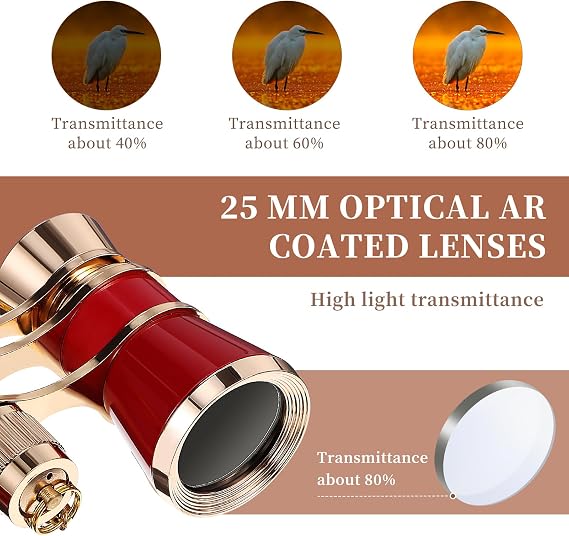 ULTECHNOVO Opera Glasses Binoculars 3 X 25, Mini Binocular Compact Lightweight, Theater Glasses with Chain for Adults Kids Women Theater Opera (Red with Chain)