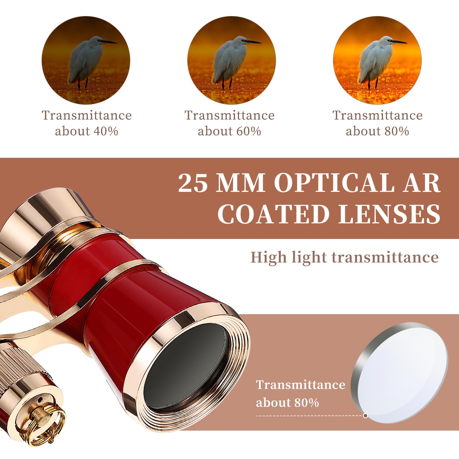 ULTECHNOVO Gafas de ópera, binoculares de 3 x 25 ini, compactos, ligeros, anteojos de teatro, compactos y ligeros con cadena, para adultos y mujeres en concierto, teatro ópera (rojo)