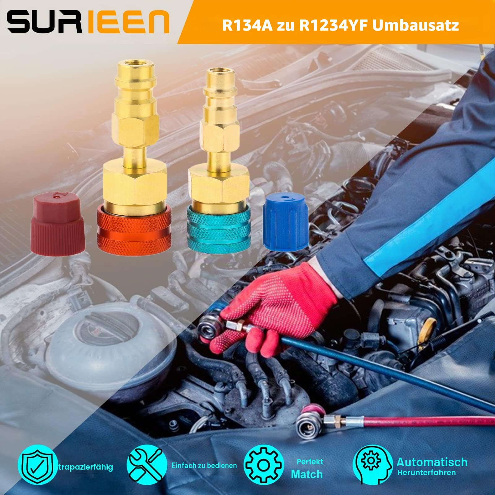 R1234YF Schnellkupplungs-Set, R1234YF auf R134A Umrüstsatz, Hoch/Niedrig Seite Schnellkupplung Adapter, AC-Schlauchverschraubungen Anschlüsse für R1234YF AC Kühlschrank Ameisen-Aufladung 2 Stück