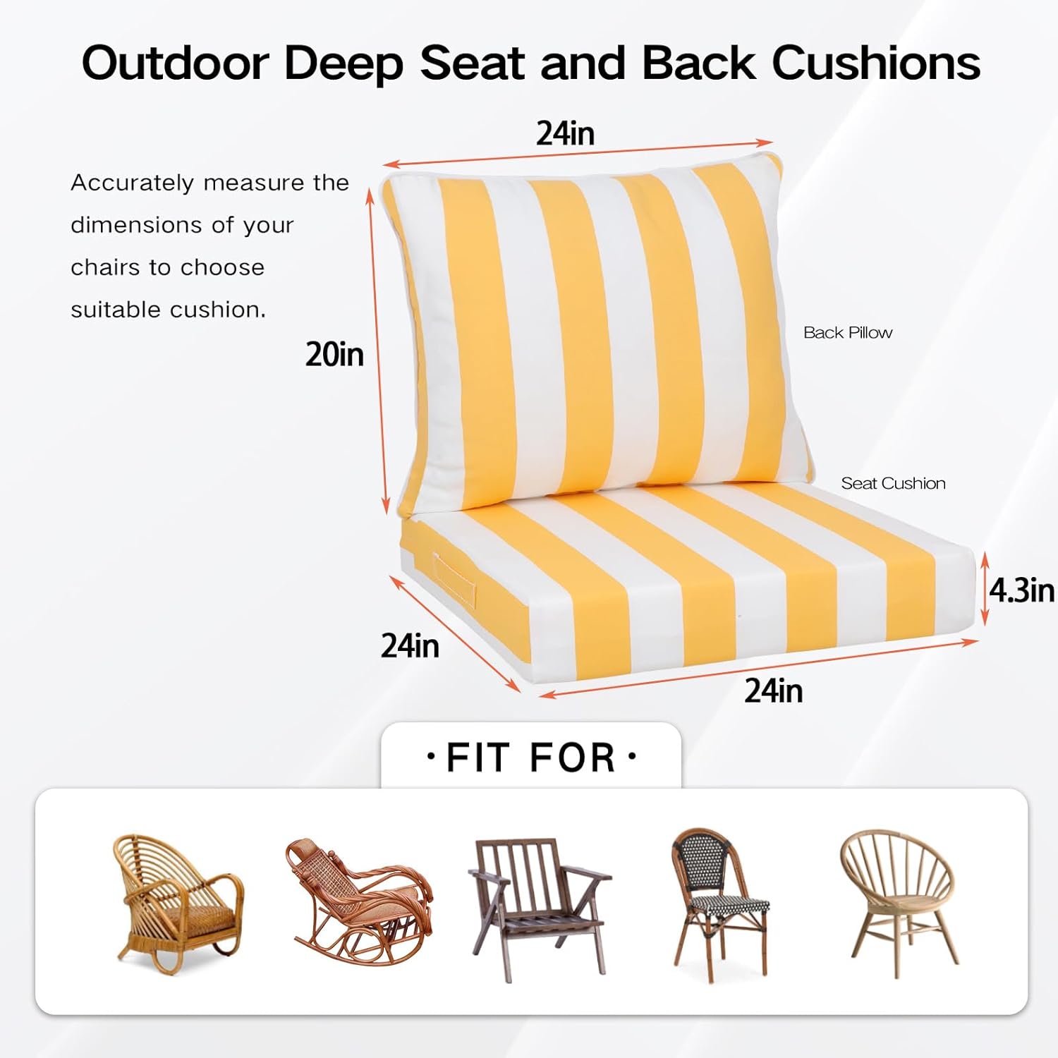 Outdoor Deep Seat Cushion Set, 24x24 in Waterproof Fade Resistant Patio Furniture Cushions,Thickened Foam,Removable Cover, Adjustable Straps (2, Yellow White Stripes, 24" D x 24" W x 4.3" H)