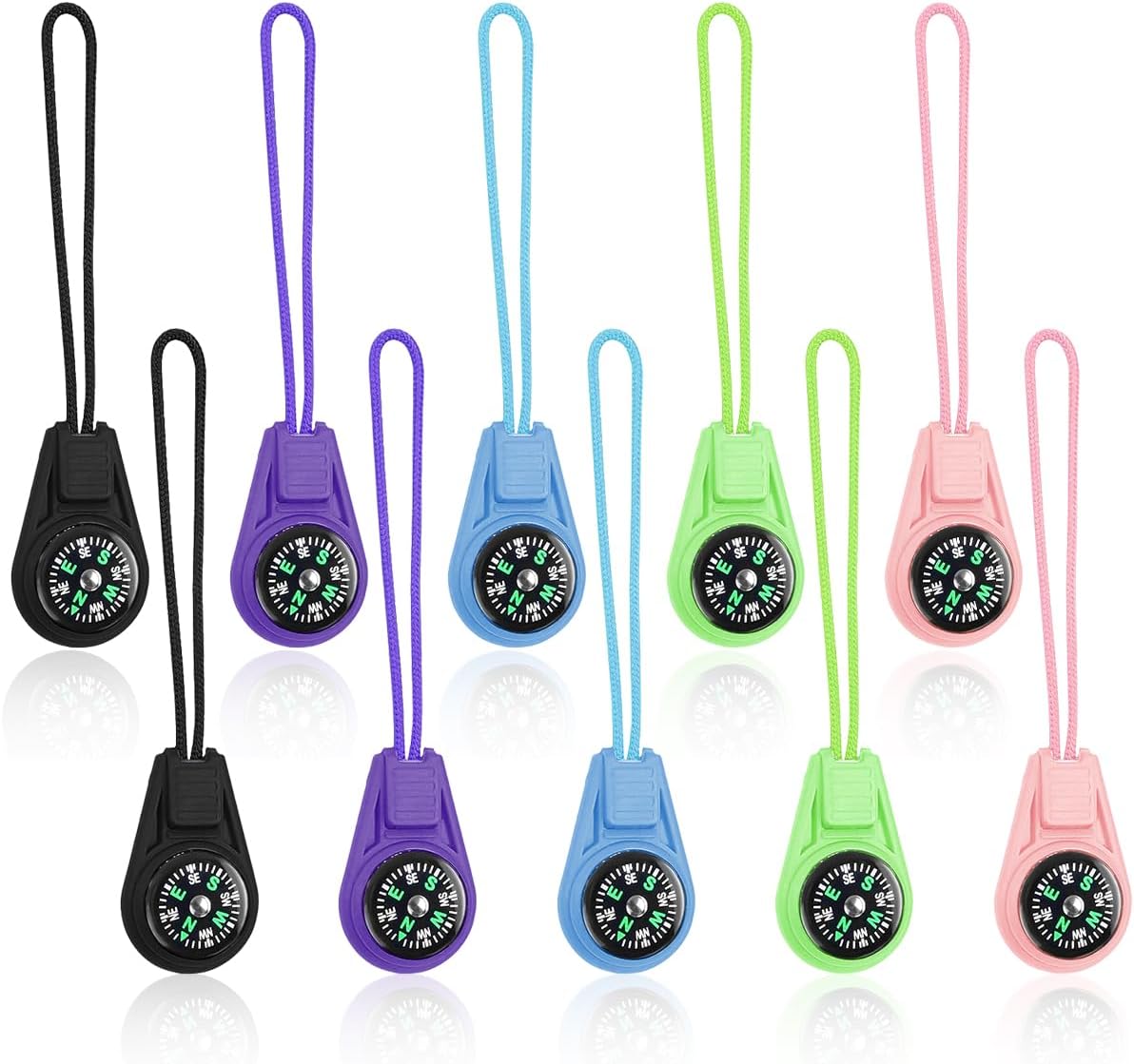 Mini Survival Compass, 10 PCS Mixed Color Plastic Pocket Compass on Cord Emergency Survival Kits for Hiking, Outdoor Camping (2.6 x 13cm/1.02 x 5.11in)