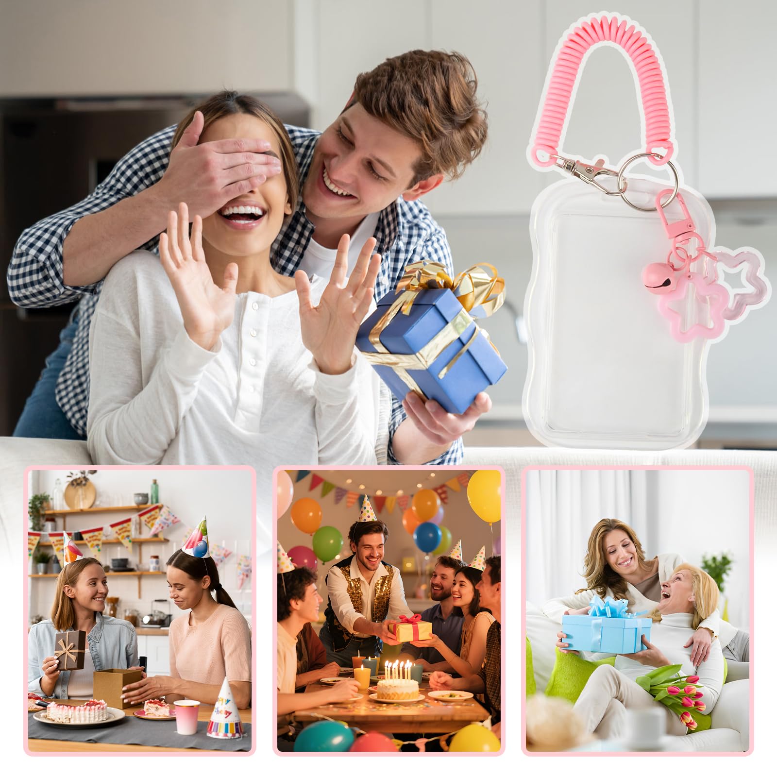 3 Portachiavi Porta Carte Con Foto – Trasparenti, Cordino Elastico, Stelle E Campanelle, Colori Assortiti