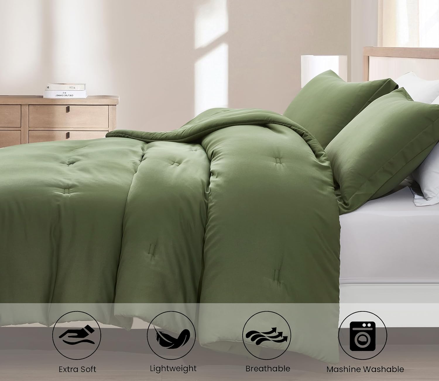 Chezmoi Collection Cliff 3-Piece Lightweight Cooling Comforter Set, Queen- Rayon Derived from Bamboo & Polyester Blended, Soft Breathable Bedding for Hot Sleepers, Olive Green