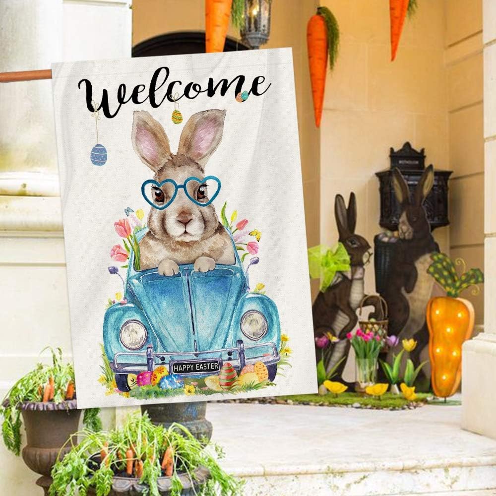 Bonsai Tree Easter Flags 28 x 40 Double Sided, Welcome Spring Easter Bunny Burlap Garden Flags, Farm Pickup Truck with Eggs Tulips Banners House Decor Gifts