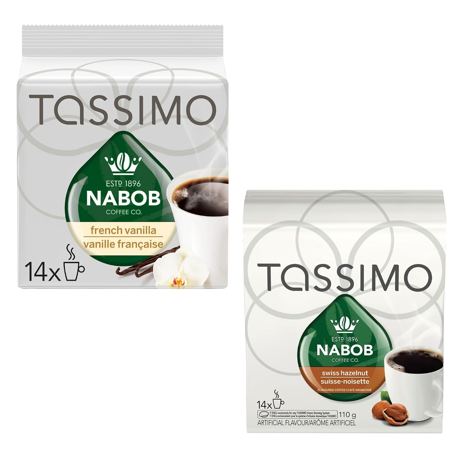 Supreme Goods Assorted Tassimo Customized Pack includes Nabob French Vanilla, Swiss Hazelnut T-Discs, 14 ct Box (Pack of 2)
