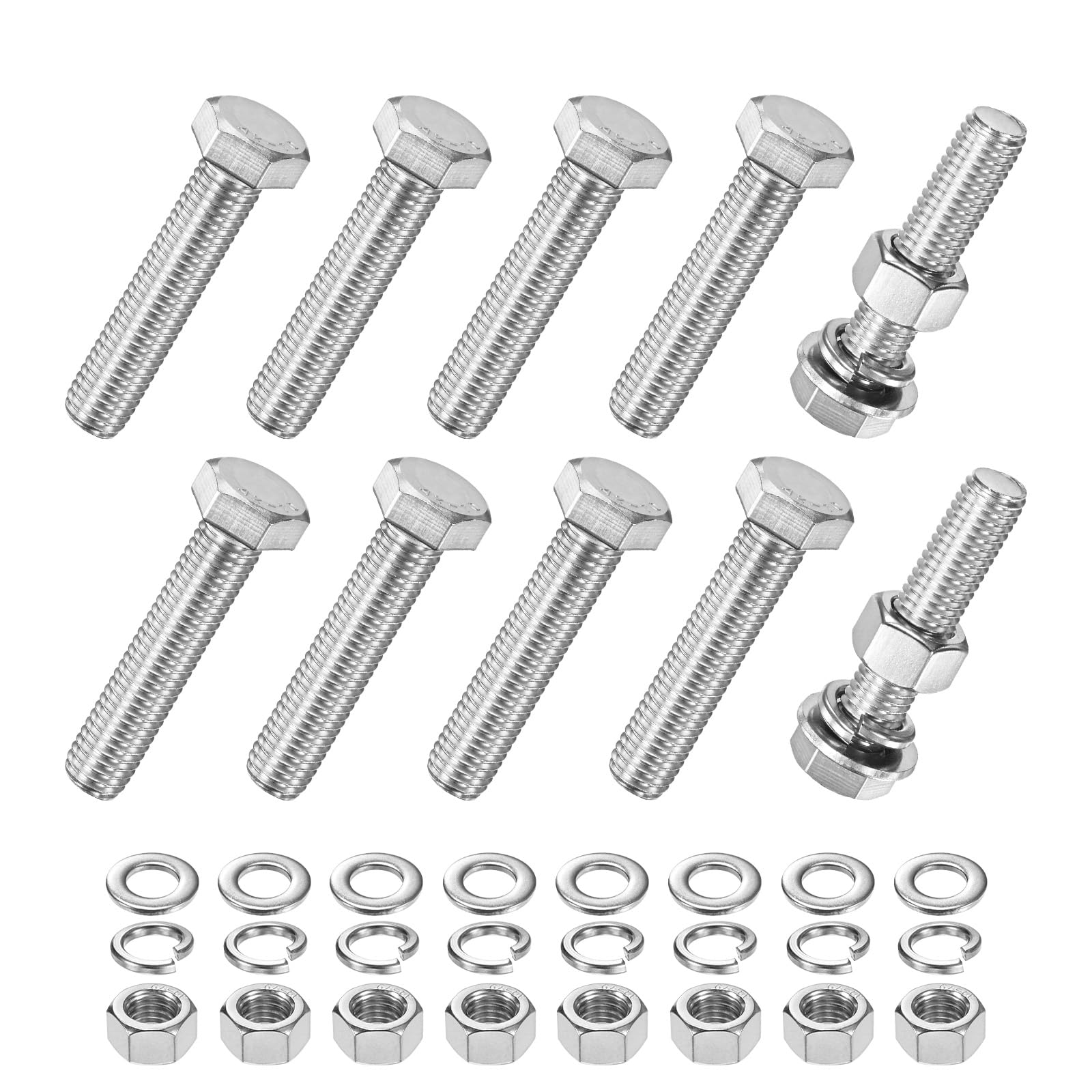 M METERXITY 10-Pack Hex Head Screw Bolt with Nuts Flat & Lock Washers M12x55mm Stainless Steel Bolts and Nuts Kit Fully Threaded Metric Bolt Assortment for Equipment/Machinery — image 1