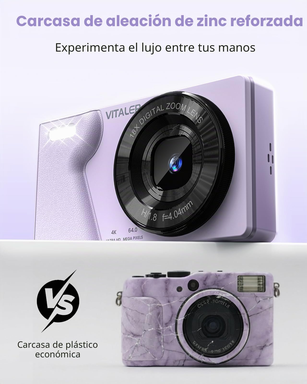 Cámara Digital 64MP 4K Cámara de Fotos Compacta con Doble Lente,Pantalla LCD 2,8 Pulgadas,Batería de 2000 mAh,Carcasa de Aleación de Zinc y Zoom Digital 18X para Niños y Adultos(Morado,SIN Tarjeta SD)