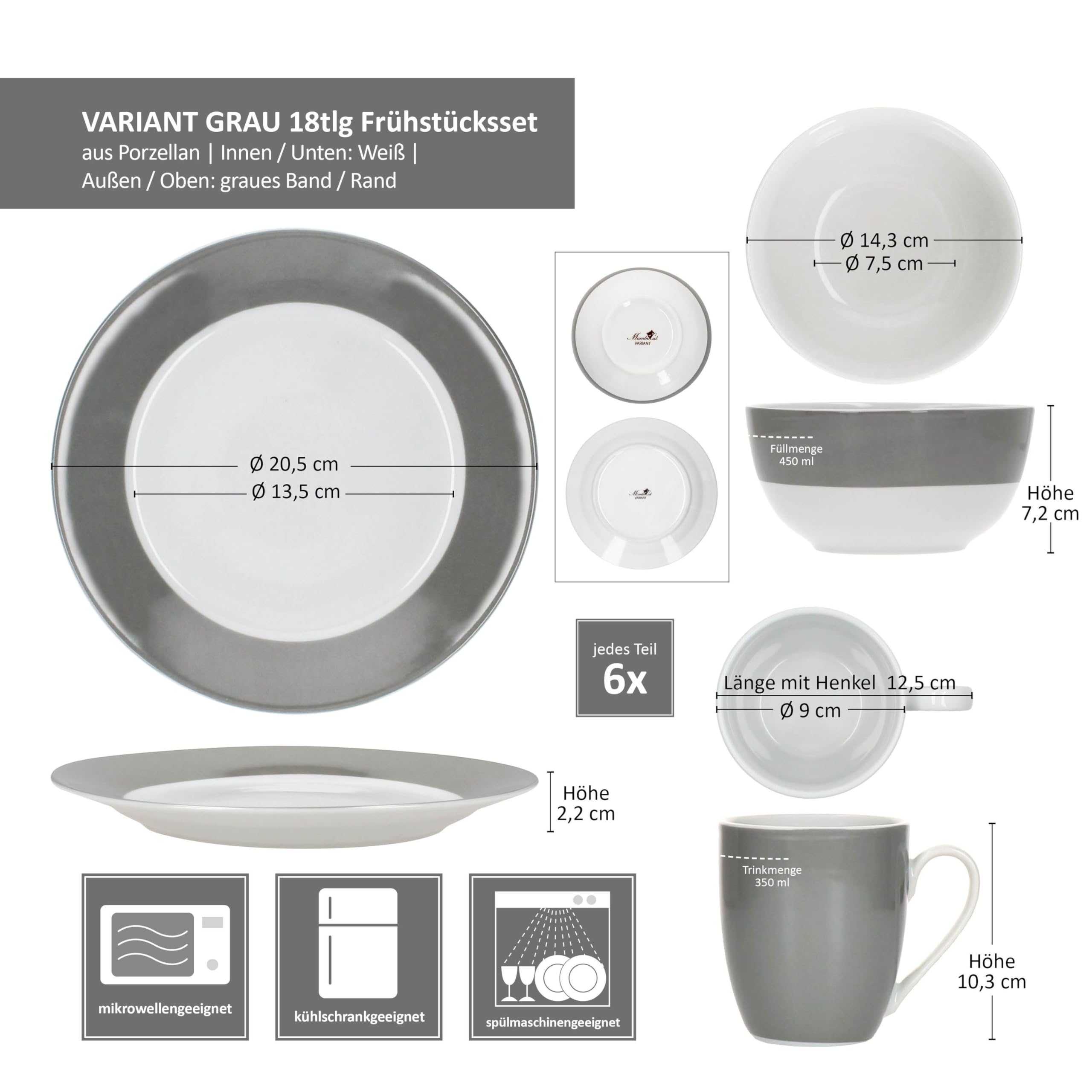 MamboCat Service de petit-déjeuner 18 pièces gris I 6 petites assiettes, bols de 450 ml et tasses à café 350 ml, hauteur 10,3 cm, pour 6 personnes, vaisselle en porcelaine pour le petit-déjeuner et le