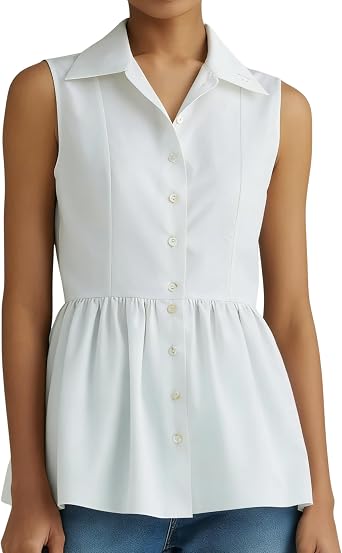 InterNos Womens Summer Peplum Top Shirt Collar Sleevess Pleated Blouse Casual Work Office Business Tank Top