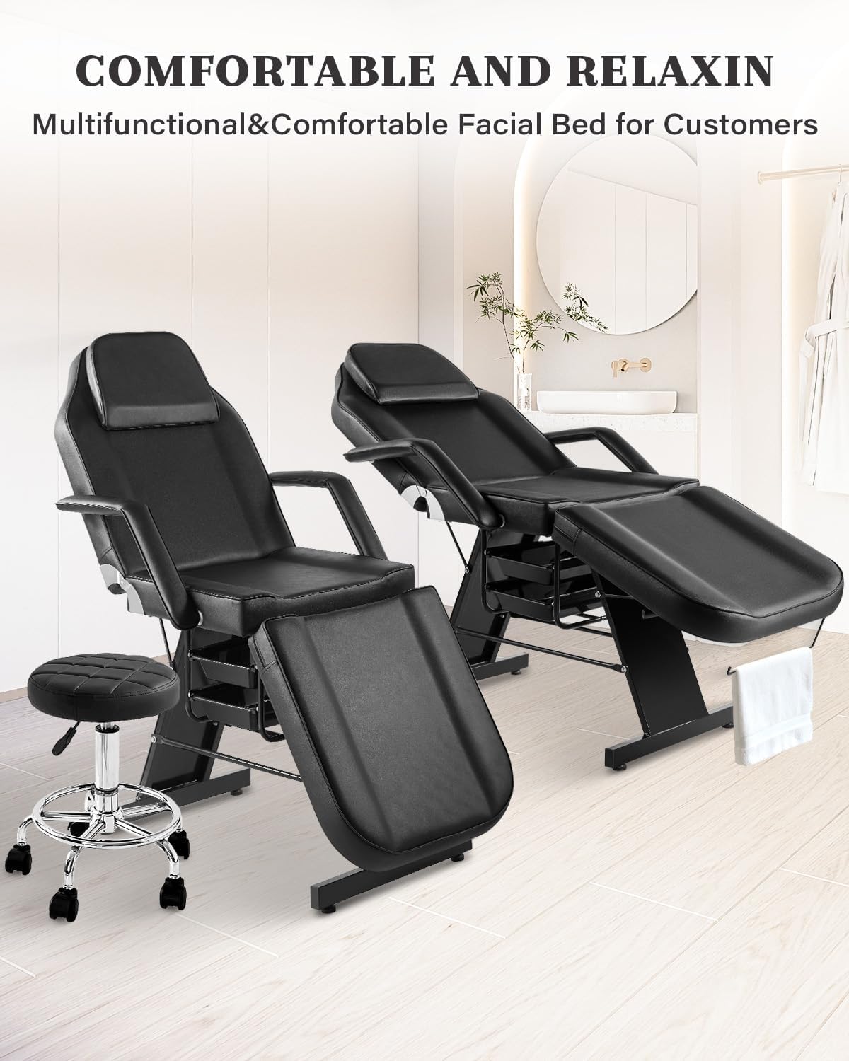 Tattoo Chair Bed with Wheels, 72in 3-Section Facial Tattoo Client Bed for Esthetician Client with Spa Stool, Adjustable TattooLash Table with Removable Headrest, Black