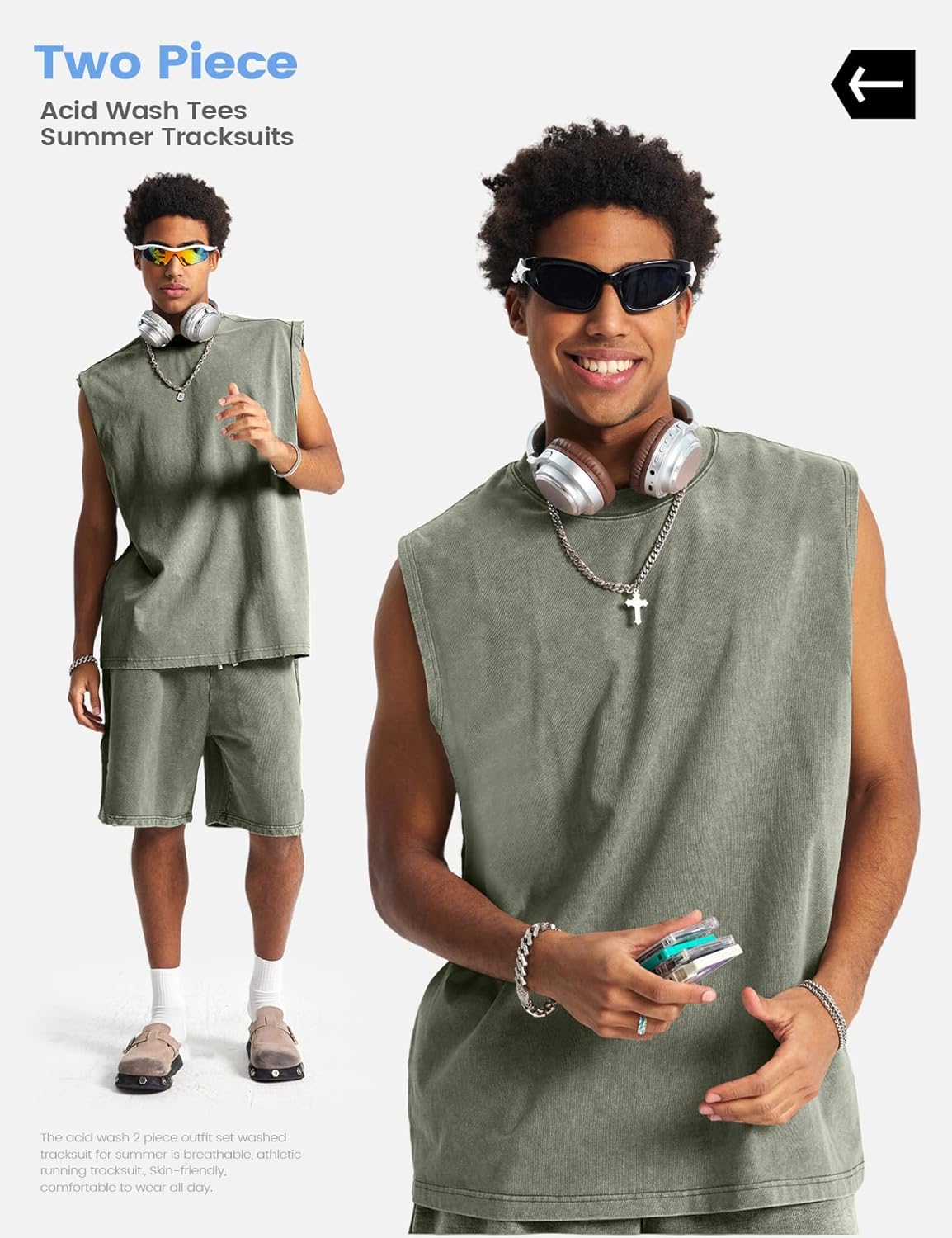 Arssm Mens 2 Piece Outfits Acid Wash Sleeveless Shirts and Shorts Summer Cotton Gym Tracksuits - Image 4