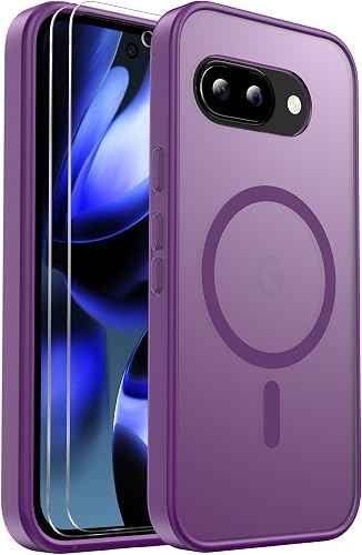 for Google Pixel 9A Case Magnetic Shockproof, [Fit for MagSafe] [Glass Screen Protector] Translucent Anti-Fingerprint Case for Google Pixel 9A (Purple)