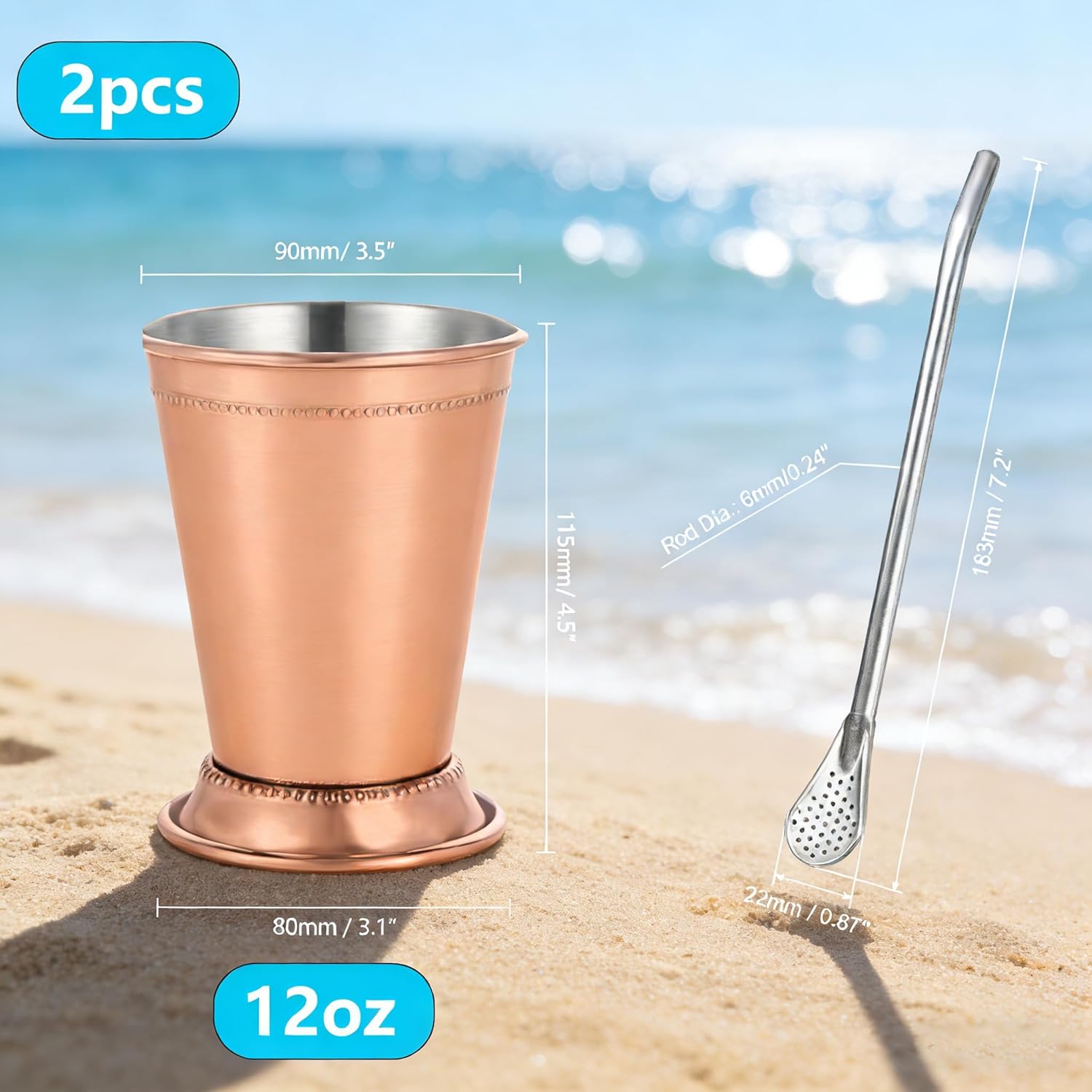 12oz Mint Julep Cups with Straws Set of 2，Stainless Steel Cocktail Glasses Beaded Mint Julep Cup for Mint Julep Cocktails Beer Juice Beverage (2, pink, 500, Milliliters) - Image 2
