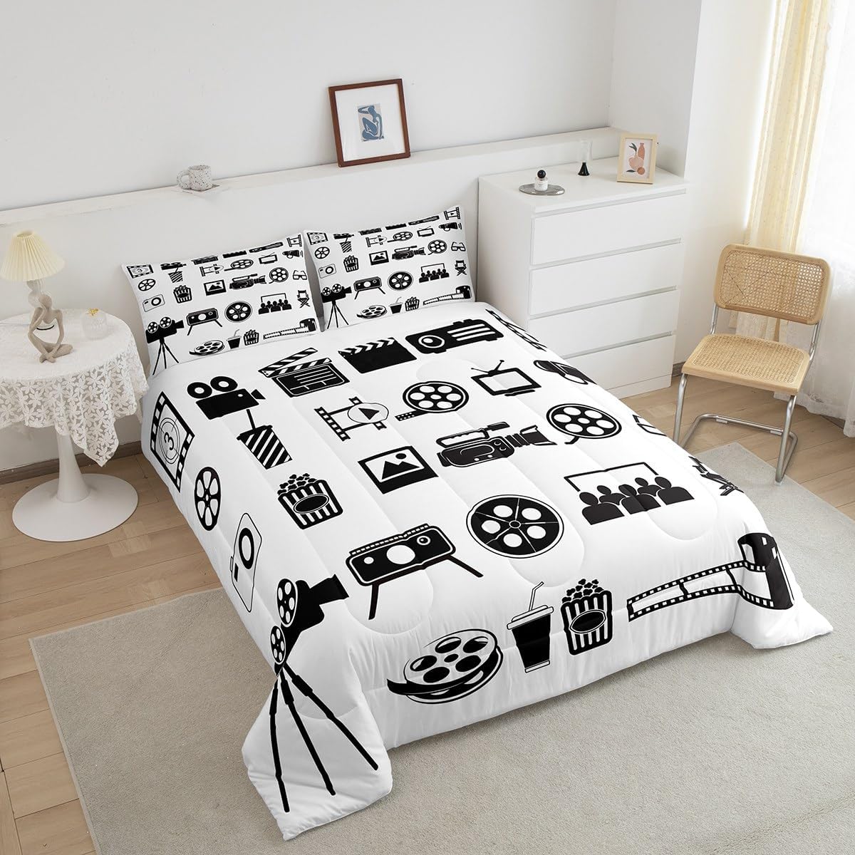 Erosebridal Movie Comforter Set Twin Film Theater Bedding Set Black and White Cartoon Entertainment Camera Music Tv Down Comforter Clapboard Food Drink Room Decor 1 Pillow Case Duvet Set
