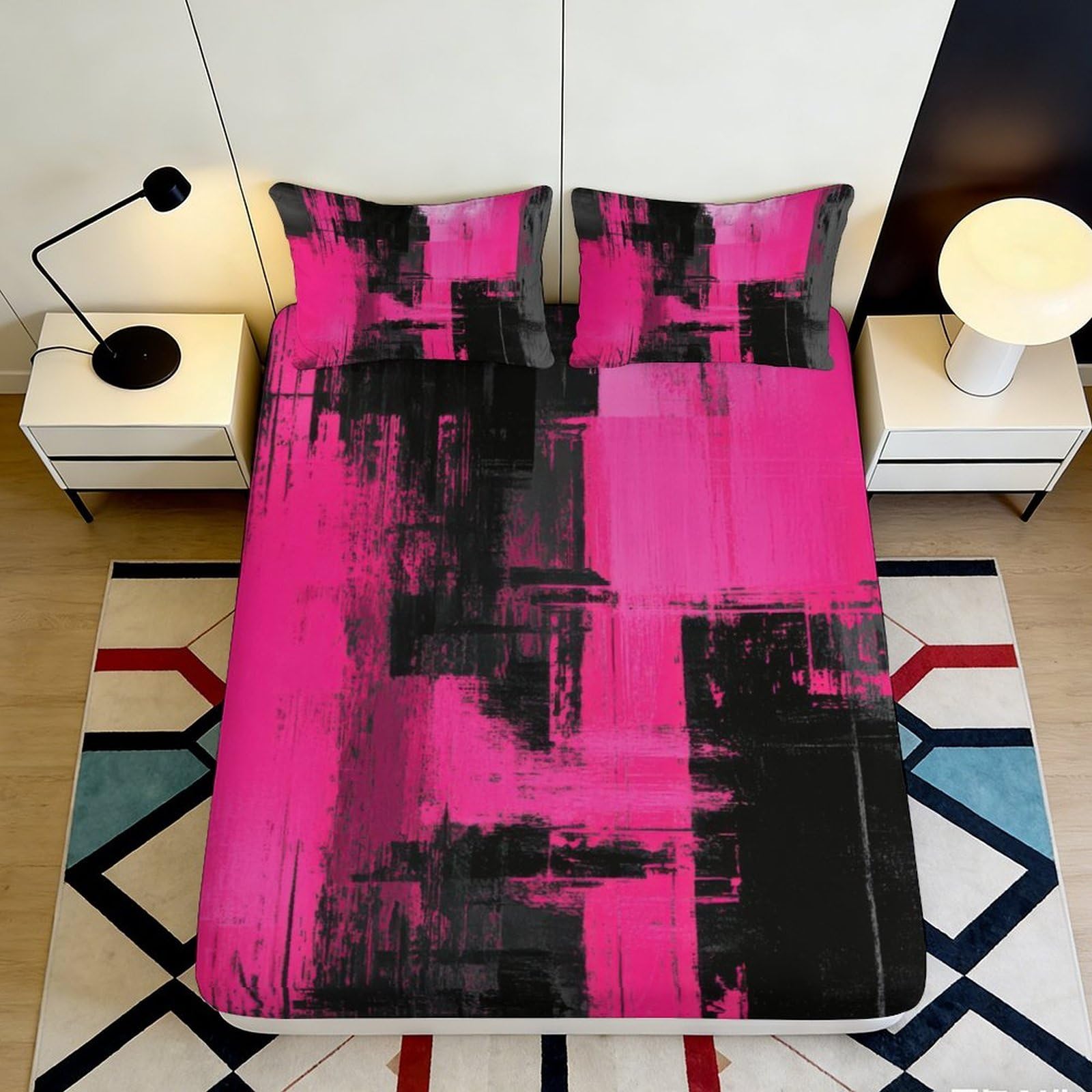 3D Printed Abstract Pink Fitted Sheet Microfiber Deep Pocket Non-Slip Abstract Mattress Fitted Cover for Bedroom 90x200x25cm