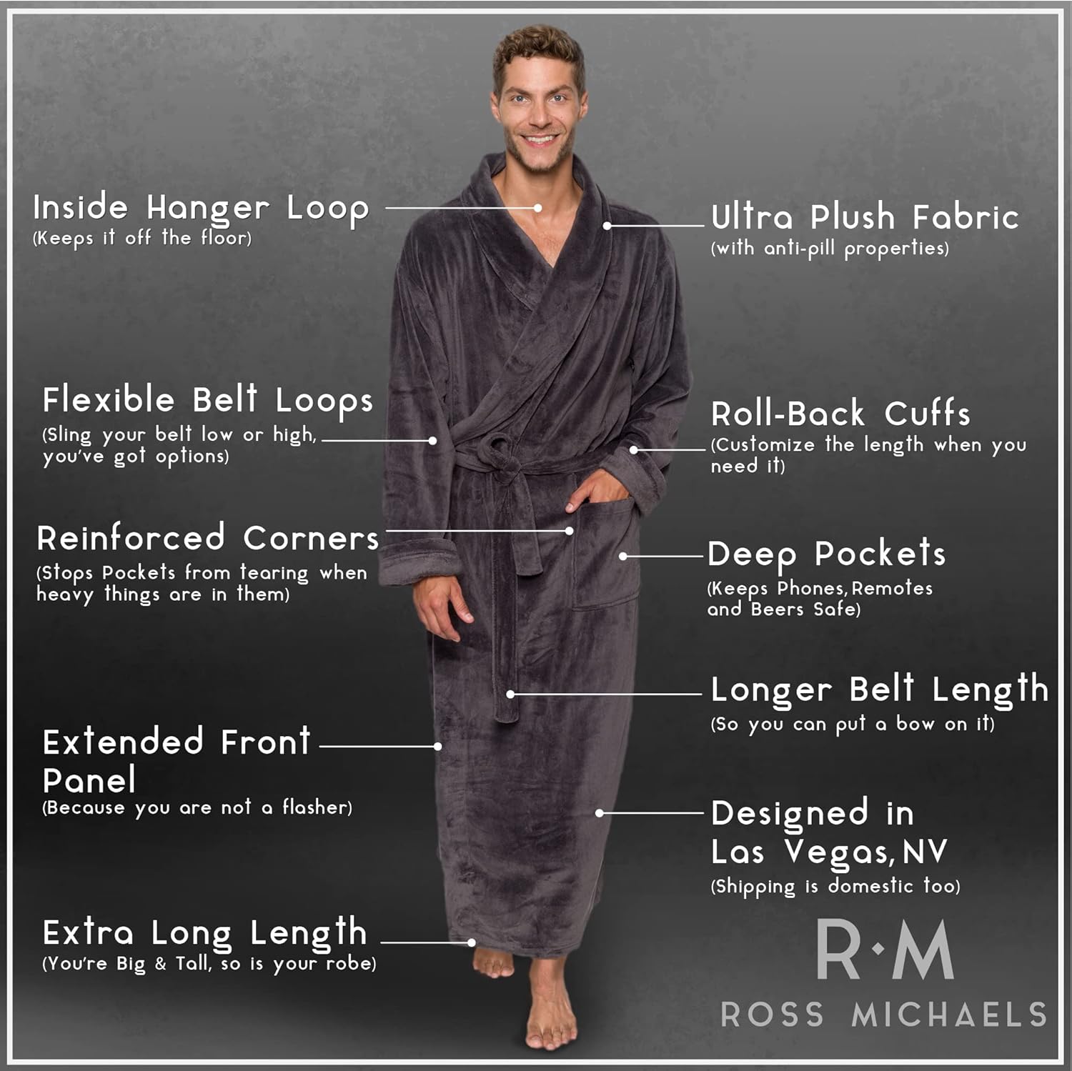 Ross Michaels Mens Robe Big & Tall - Long Plush Shawl Collar Fleece Bathrobe (Light Gray, XX-Large-3X-Large) - Image 4