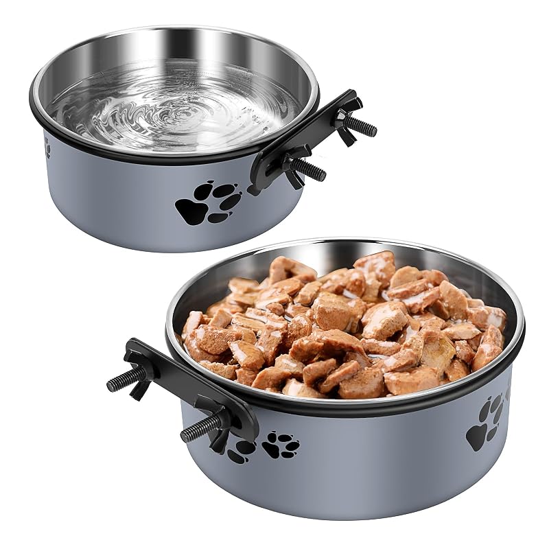 Tigelas Suspensas para Cães em Aço Inoxidável ShineMe para Gaiola, 1,02 L e 750 mL, Pacote com 2 M (34 oz + 25 oz) Grey