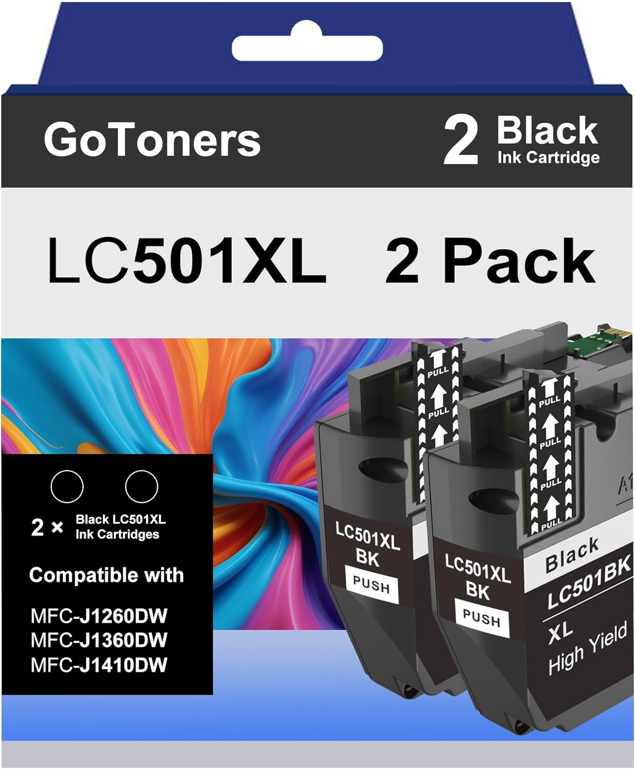 GoToners LC501XL Black Ink Cartridges Compatible for Brother LC501 XL Black Compatible with MFC-J1360DW MFC-J1410DW MFC-J1260W Printer (2 Black)