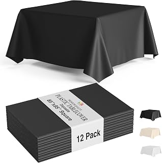 Party Solids 12-Pack Black Square Plastic Disposable Tablecloth – Size: 85 × 85 Inches – Square Table Cover for Parties, Picnics & Formal Events