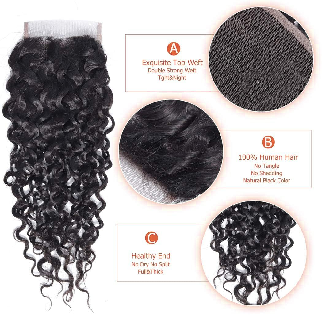 QTHAIR Water Wave HD Lace Closure 18A 4x4 Swiss Lace Closure Free Part Closure Wet and Wavy Human Hair Closure 20" Natural Color 150% Density Unprocessed Curly Closure Human Hair Lace Frontal Closure