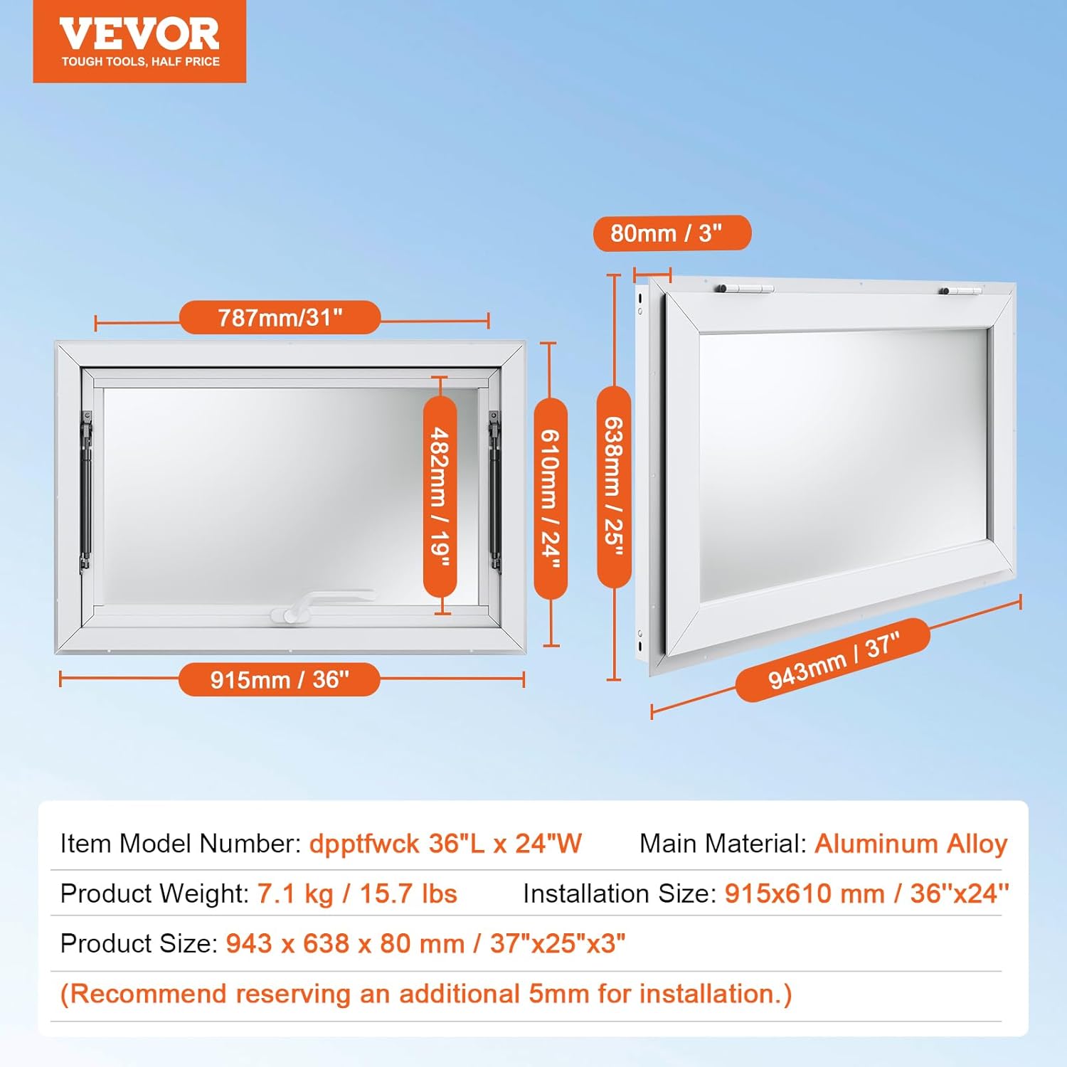VEVOR Concession Window for Food Truck, 36"x24" Aluminum Alloy Food Truck Service Windows, Up to 85 Degrees Stand Serving Window with Awning Door & Drag Hook, for Food Trucks Concession Trailers