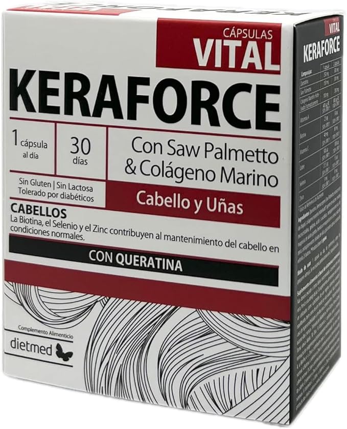 Dietmed Keraforce Vital - 30 Cápsulas con Queratina, Saw Palmetto y Colágeno para Cabello y Uñas