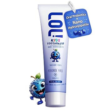 LOL Kids Toothpaste No Fluoride, Fluoride Free Toothpaste Kids, Nano Hydroxyapatite Toothpaste with Probiotics & Xylitol, Remineralizing, Natural Plant-Based Foam, Blueberry Flavor
