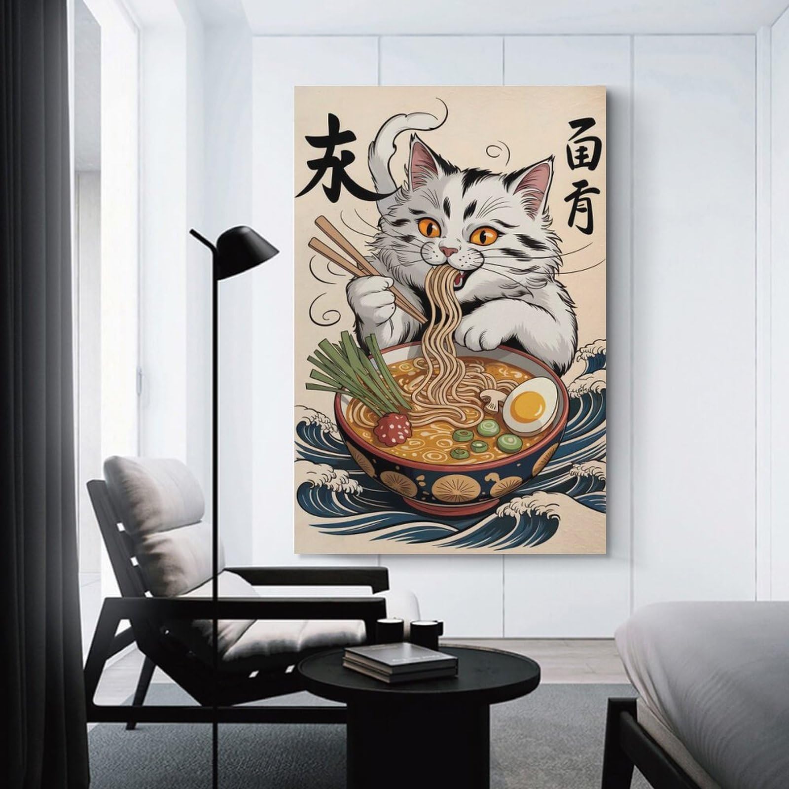 Junmoney Cat Eating Ramen Bowl Illustration Canvas Wall Decor, 20x30inch(50x75cm), for Apartment Walls, Studios Or Work Areas, Decorative Canvas Decor for Home Updates